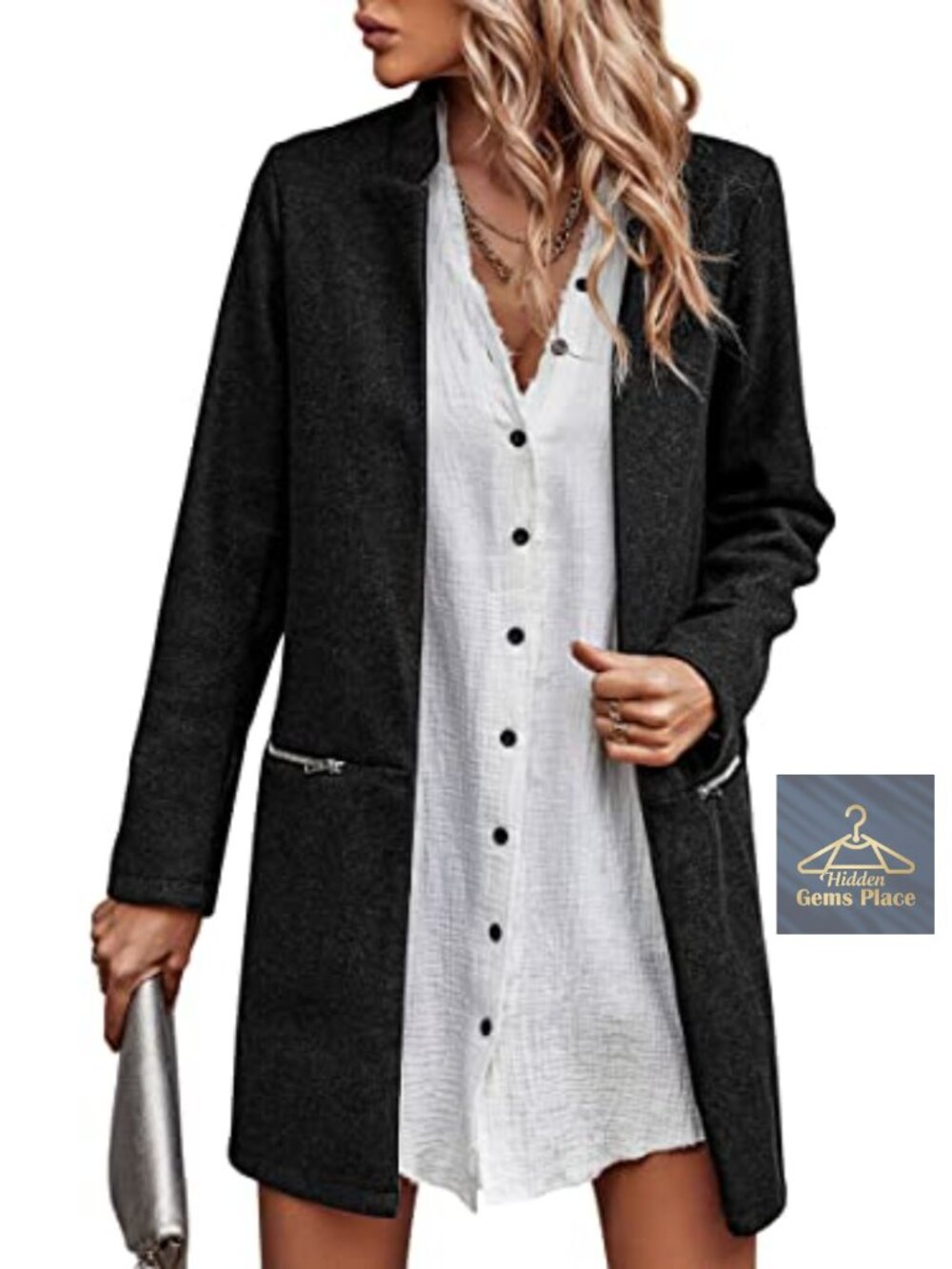 Long Sleeve Stand Collar Cardigan Mid-Long Open Front Overcoat with Pockets